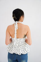 Lizz Halter V Neck Polkadot Top in White