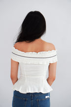 Olyssia Off Shoulder Top in White with Black Ribbon
