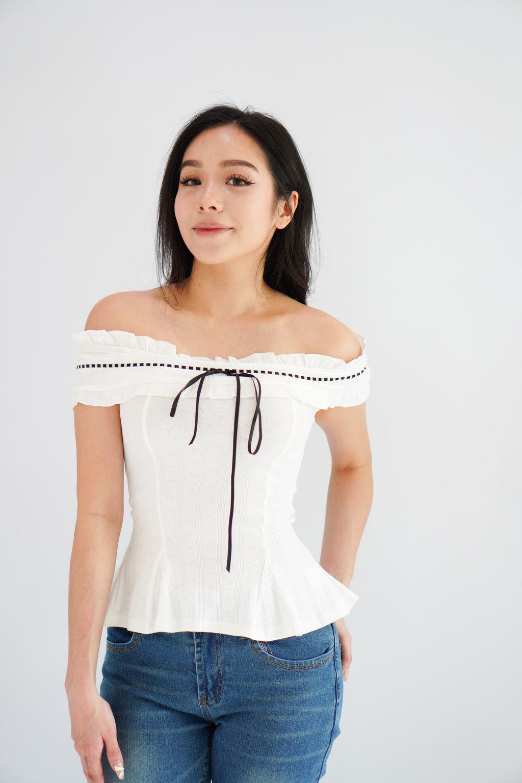 Olyssia Off Shoulder Top in White with Black Ribbon