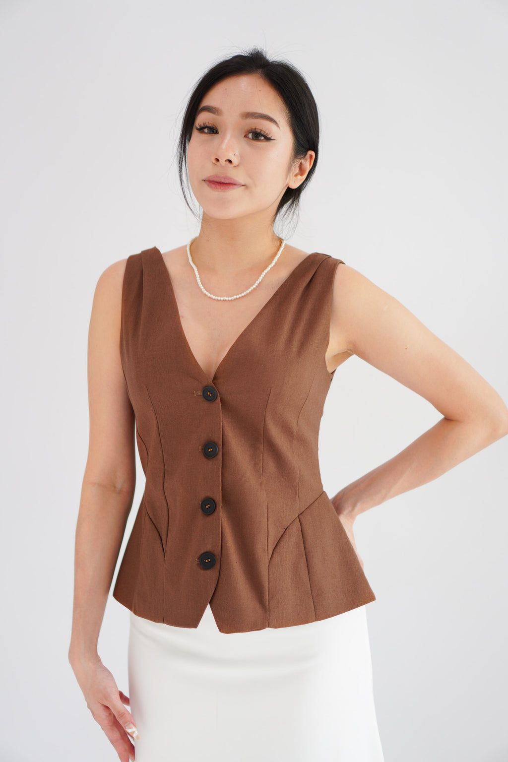 Gracey V Neck Button Down Peplum Top in Brown