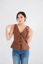 Gracey V Neck Button Down Peplum Top in Brown