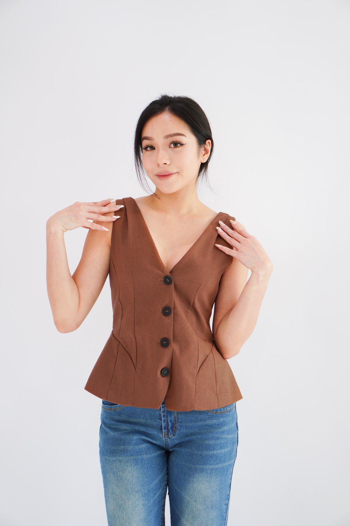Gracey V Neck Button Down Peplum Top in Brown
