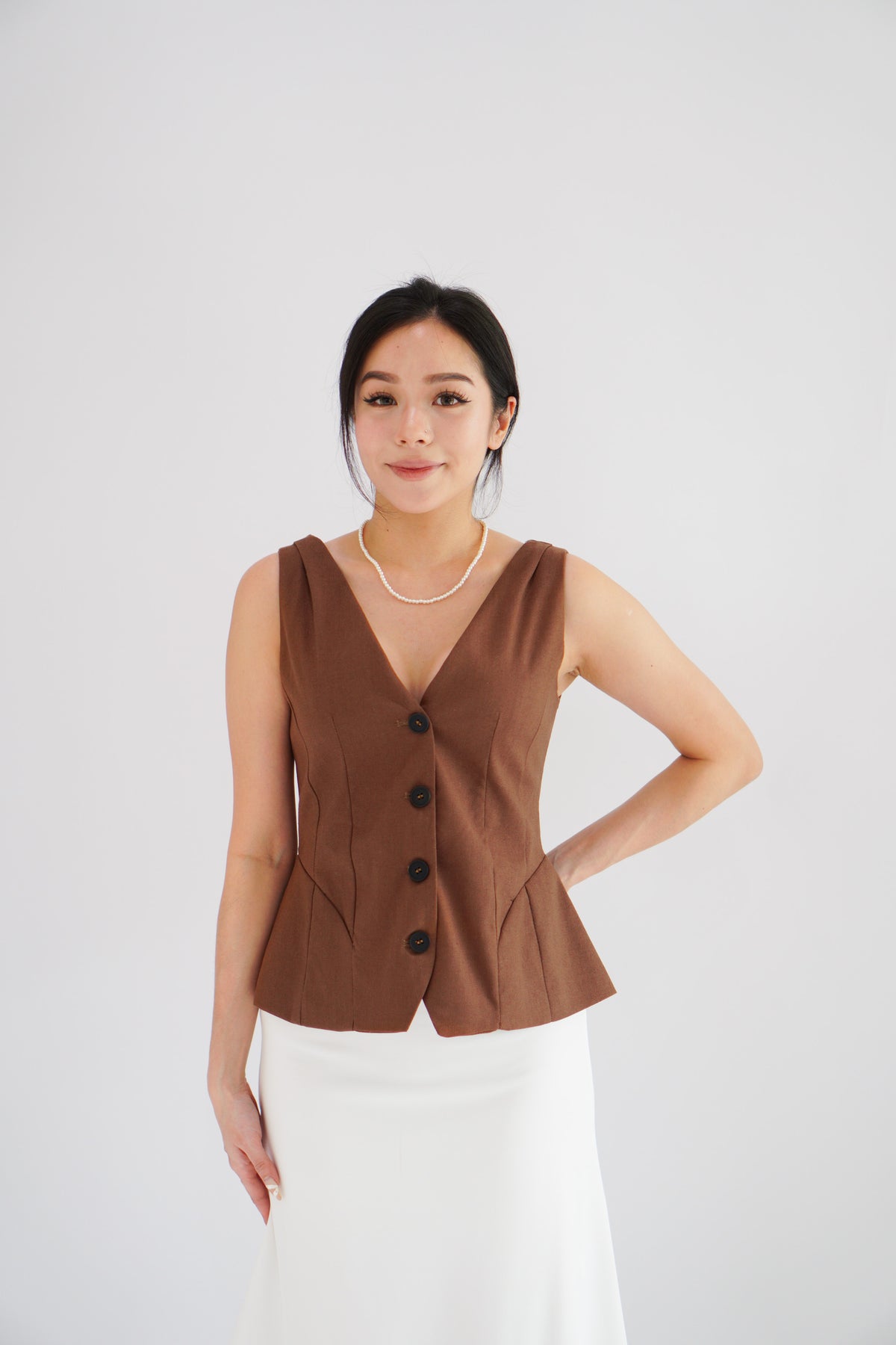 Gracey V Neck Button Down Peplum Top in Brown