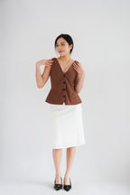 Gracey V Neck Button Down Peplum Top in Brown