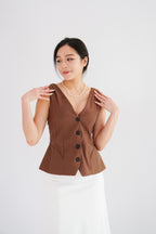 Gracey V Neck Button Down Peplum Top in Brown