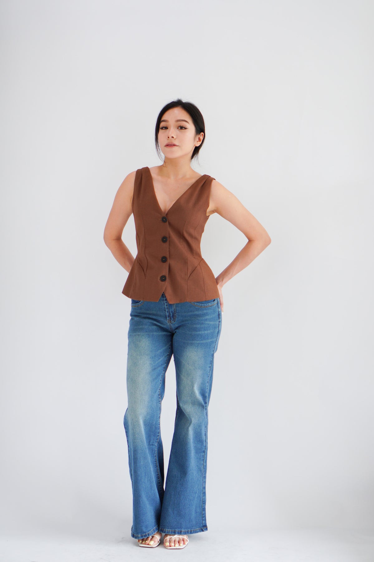 Gracey V Neck Button Down Peplum Top in Brown