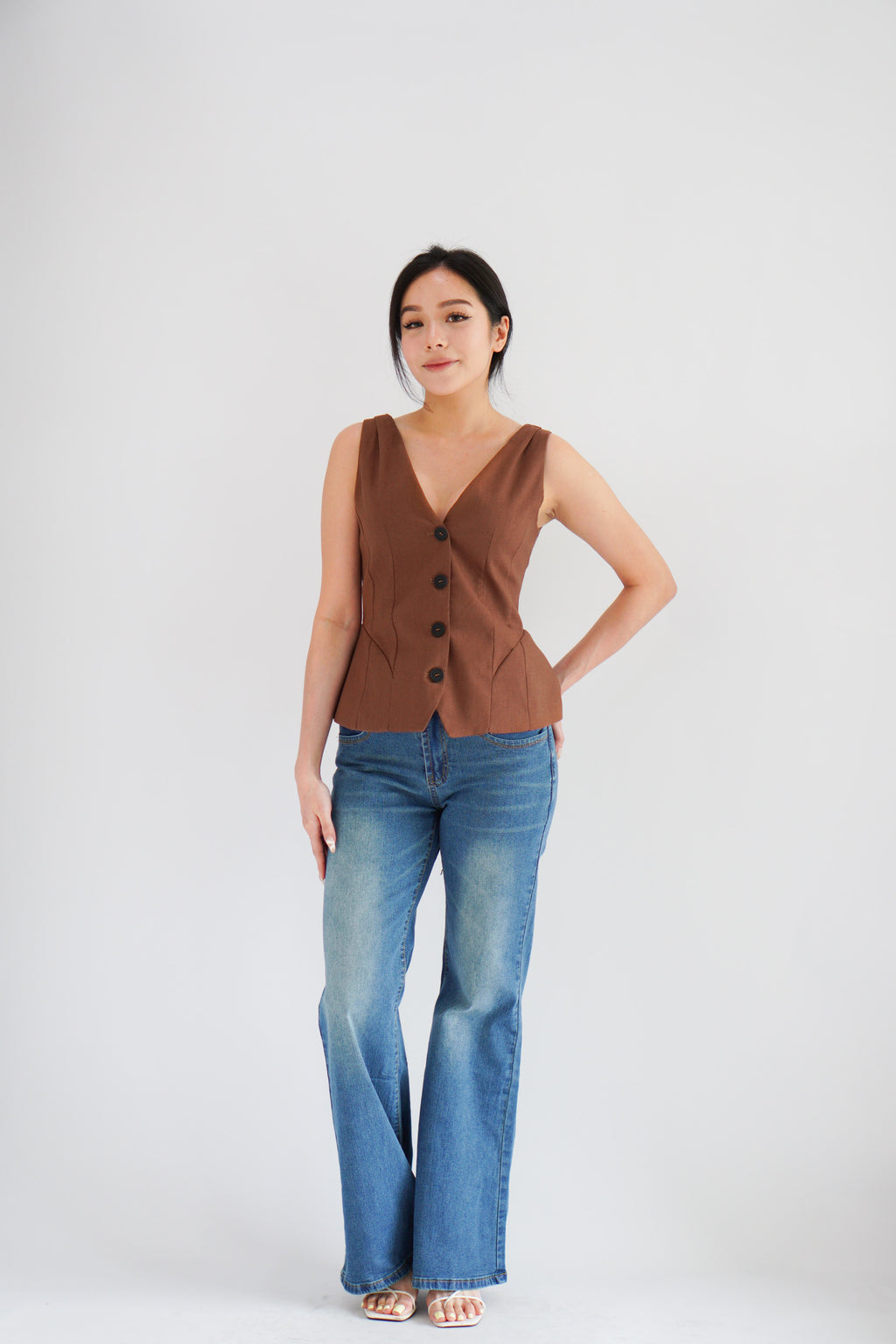 Gracey V Neck Button Down Peplum Top in Brown