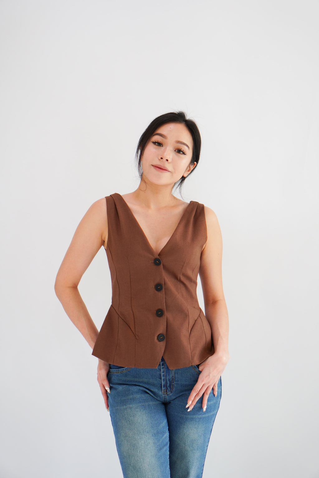 Gracey V Neck Button Down Peplum Top in Brown