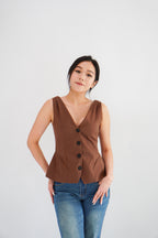 Gracey V Neck Button Down Peplum Top in Brown