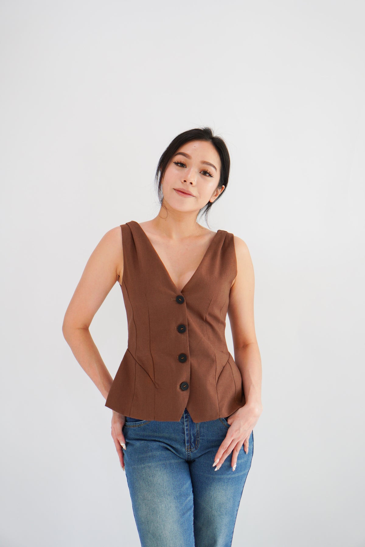 Gracey V Neck Button Down Peplum Top in Brown