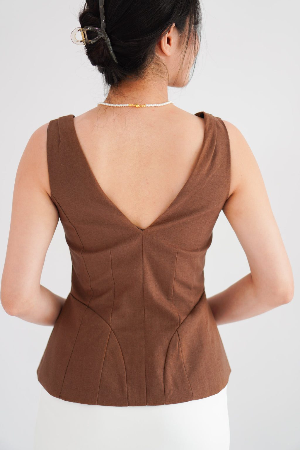 Gracey V Neck Button Down Peplum Top in Brown
