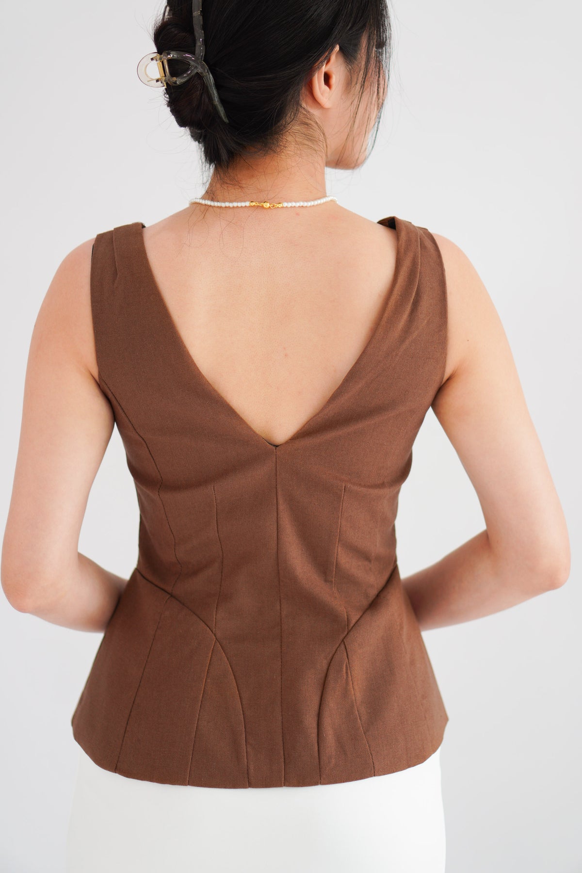 Gracey V Neck Button Down Peplum Top in Brown