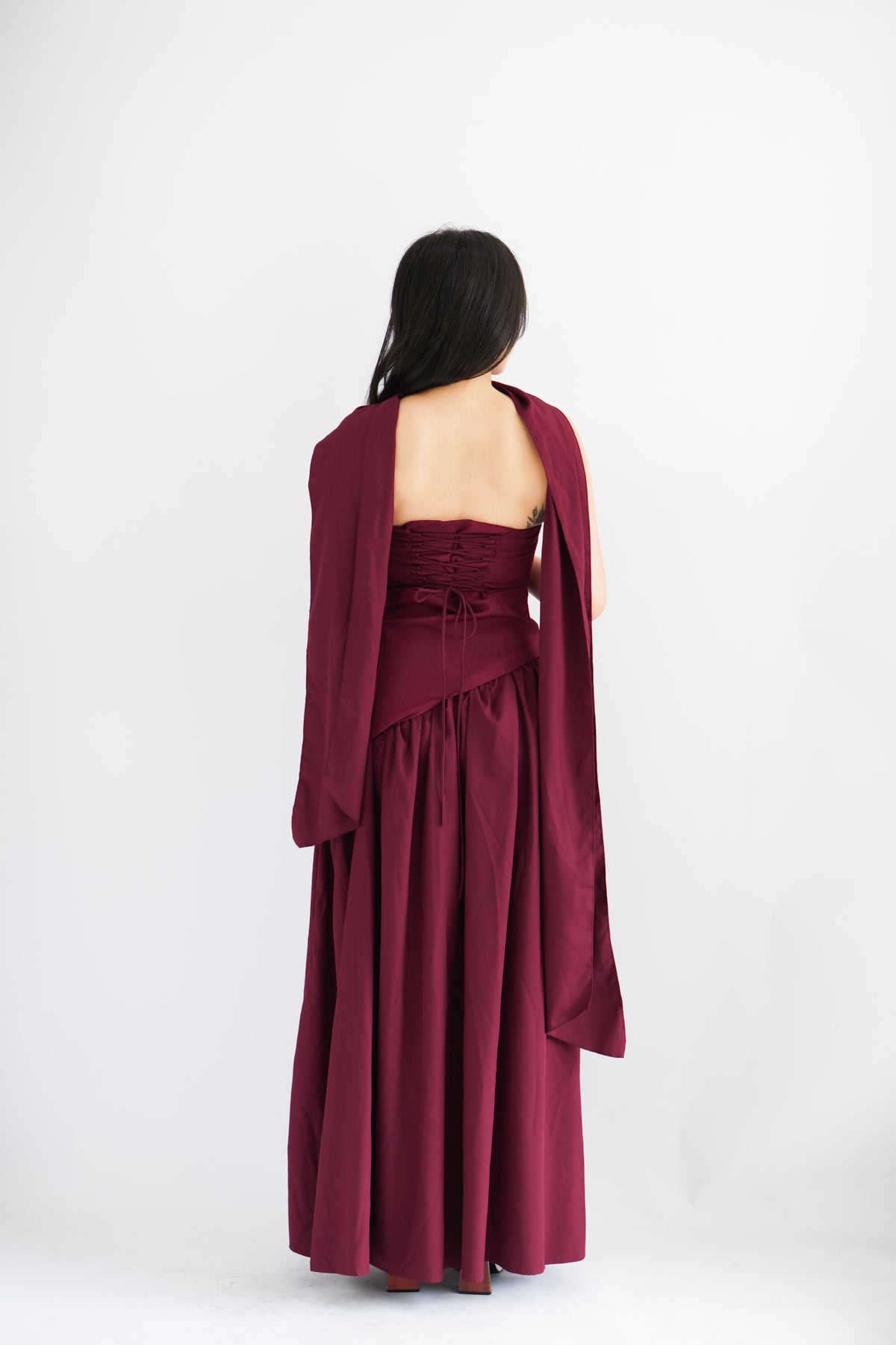 Dephora Tube Maxi Asymmetrical Dress with Sash in Dark Red