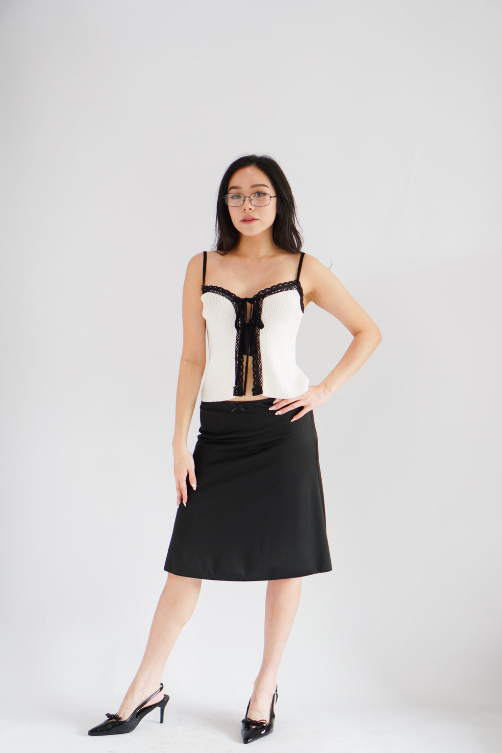 Ivoria Self Tied Knit Top in White with Black Lace