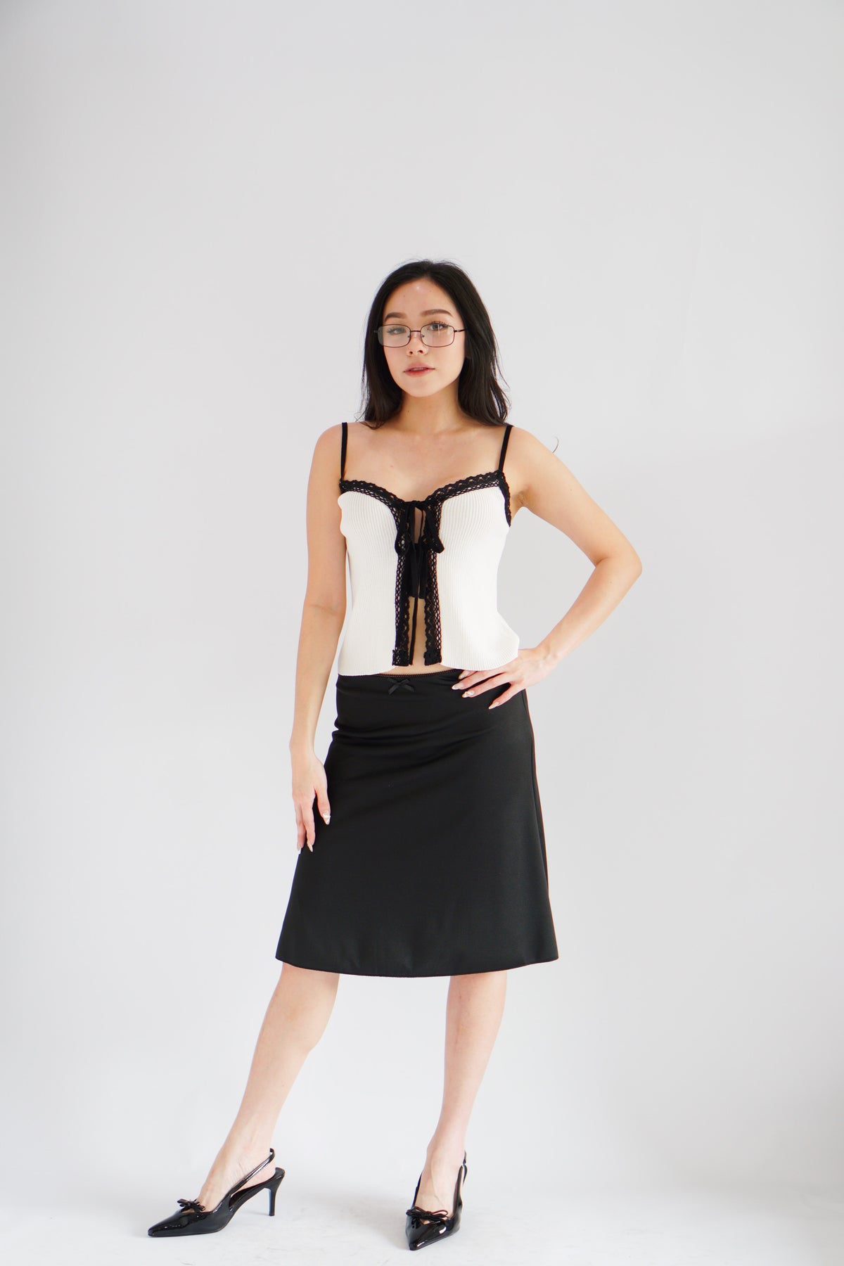 Ivoria Self Tied Knit Top in White with Black Lace