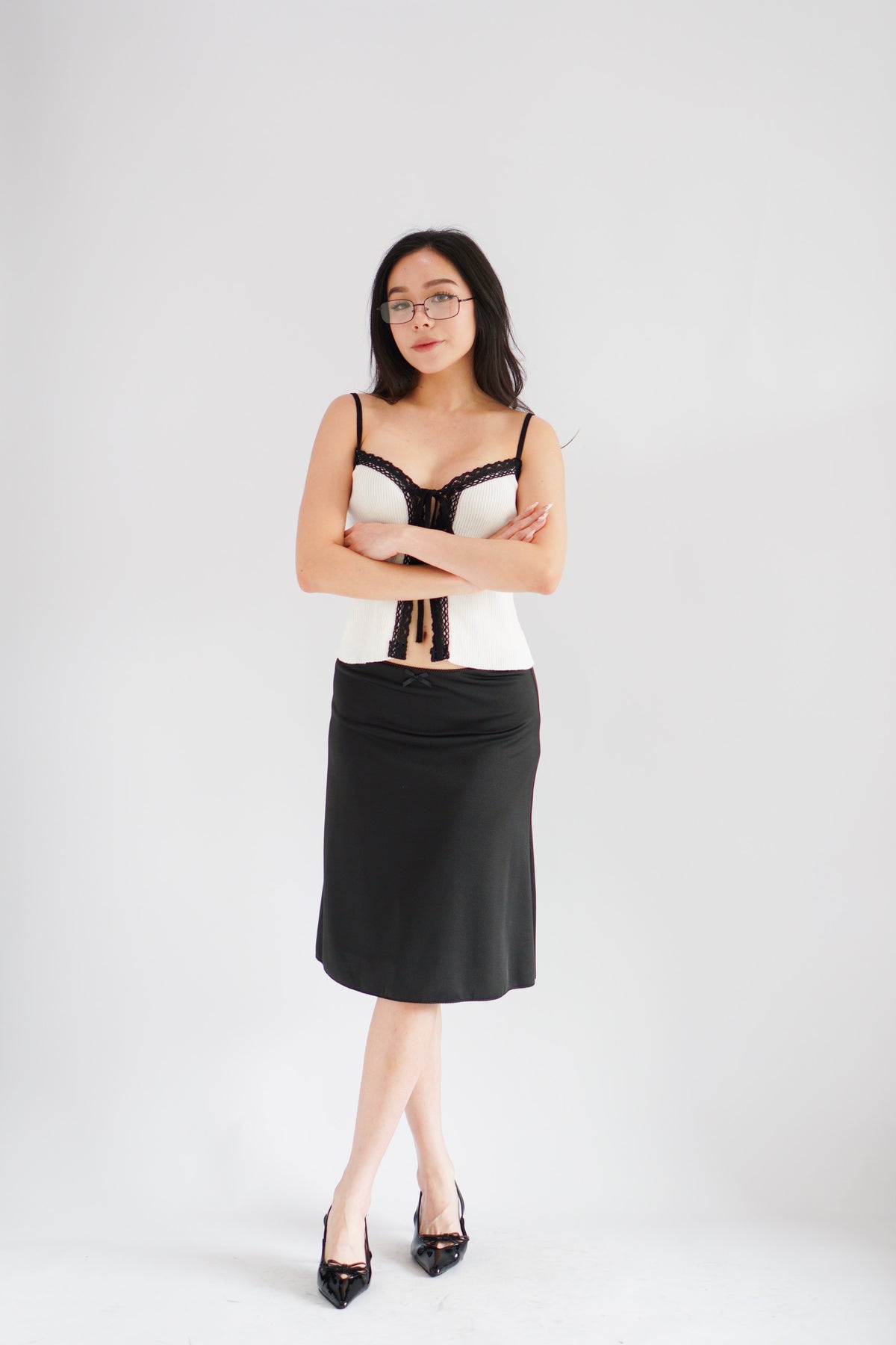 Ivoria Self Tied Knit Top in White with Black Lace