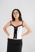 Ivoria Self Tied Knit Top in White with Black Lace