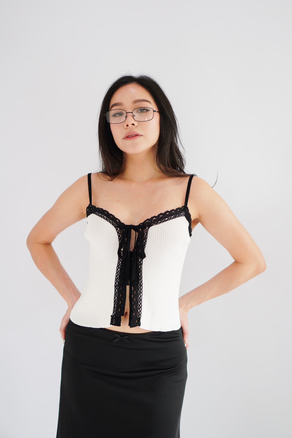 Ivoria Self Tied Knit Top in White with Black Lace