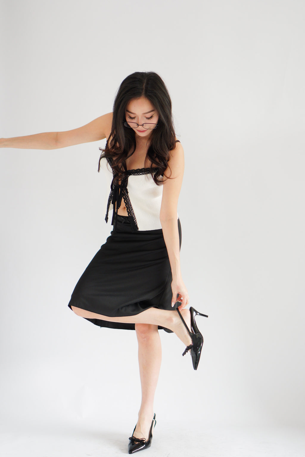 Ivoria Self Tied Knit Top in White with Black Lace