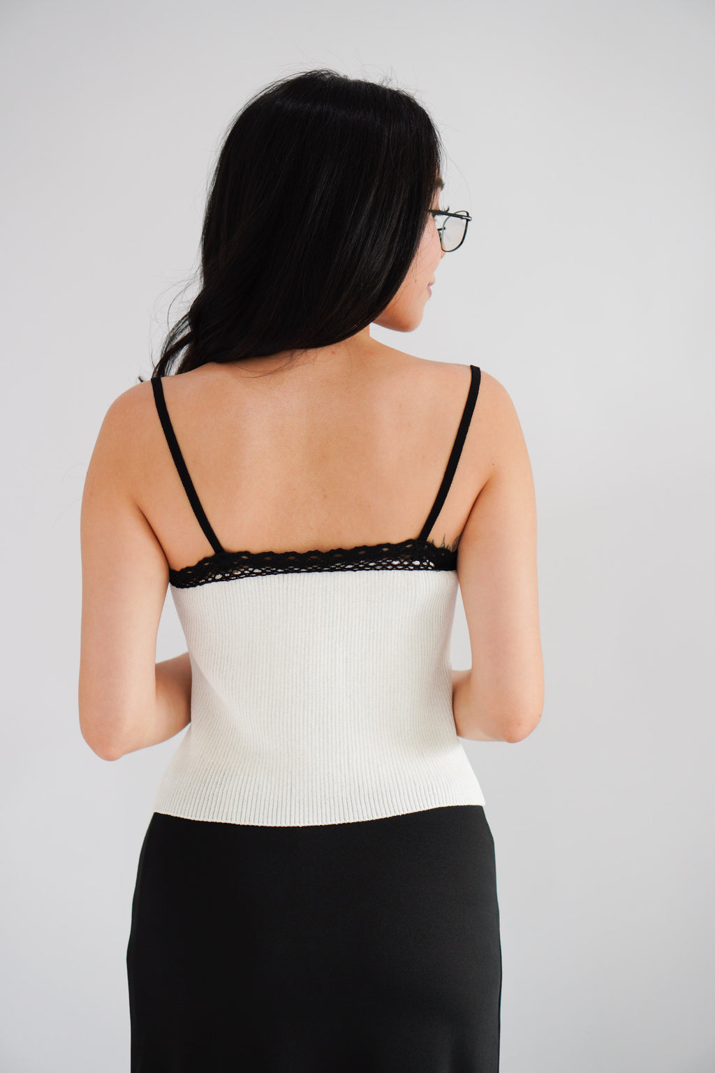 Ivoria Self Tied Knit Top in White with Black Lace