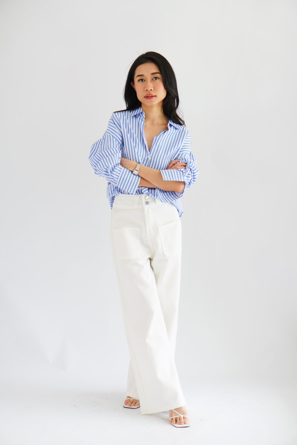 Fred Stripes Button Down Long Sleeve Top in Blue