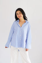 Fred Stripes Button Down Long Sleeve Top in Blue