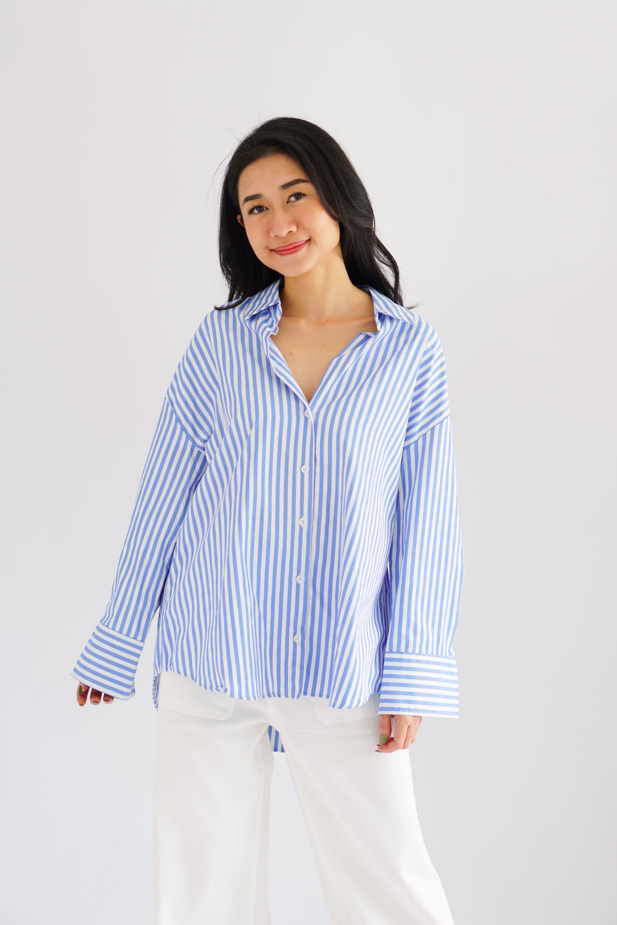 Fred Stripes Button Down Long Sleeve Top in Blue