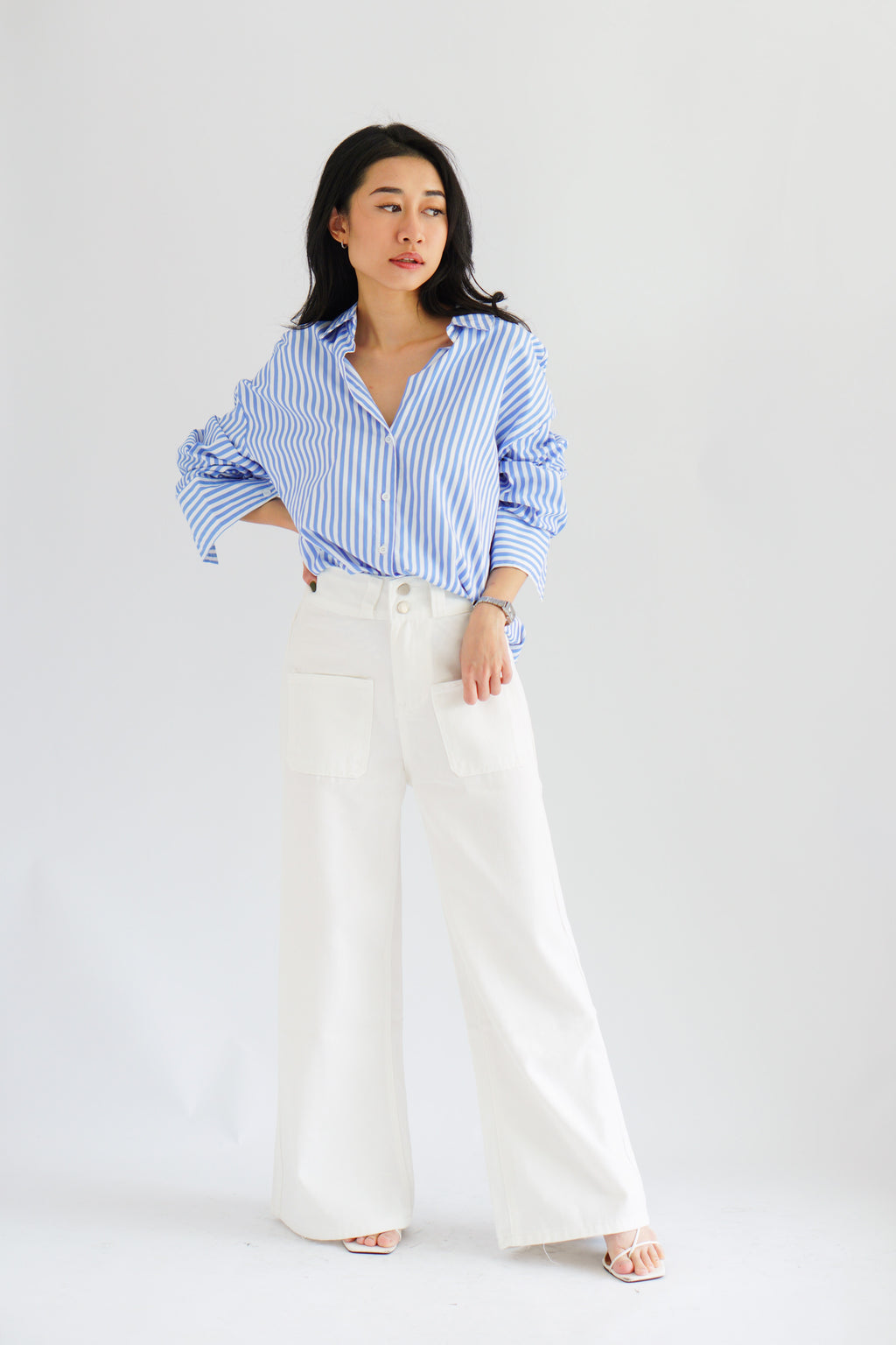 Fred Stripes Button Down Long Sleeve Top in Blue