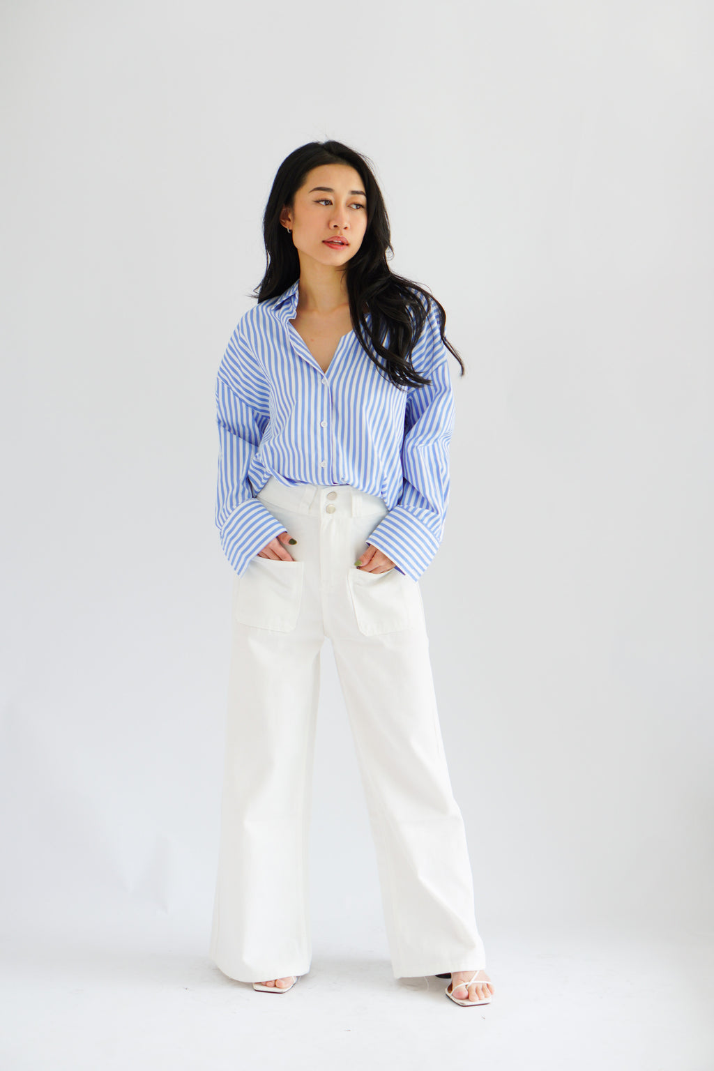 Fred Stripes Button Down Long Sleeve Top in Blue