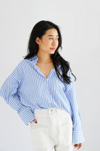 Fred Stripes Button Down Long Sleeve Top in Blue