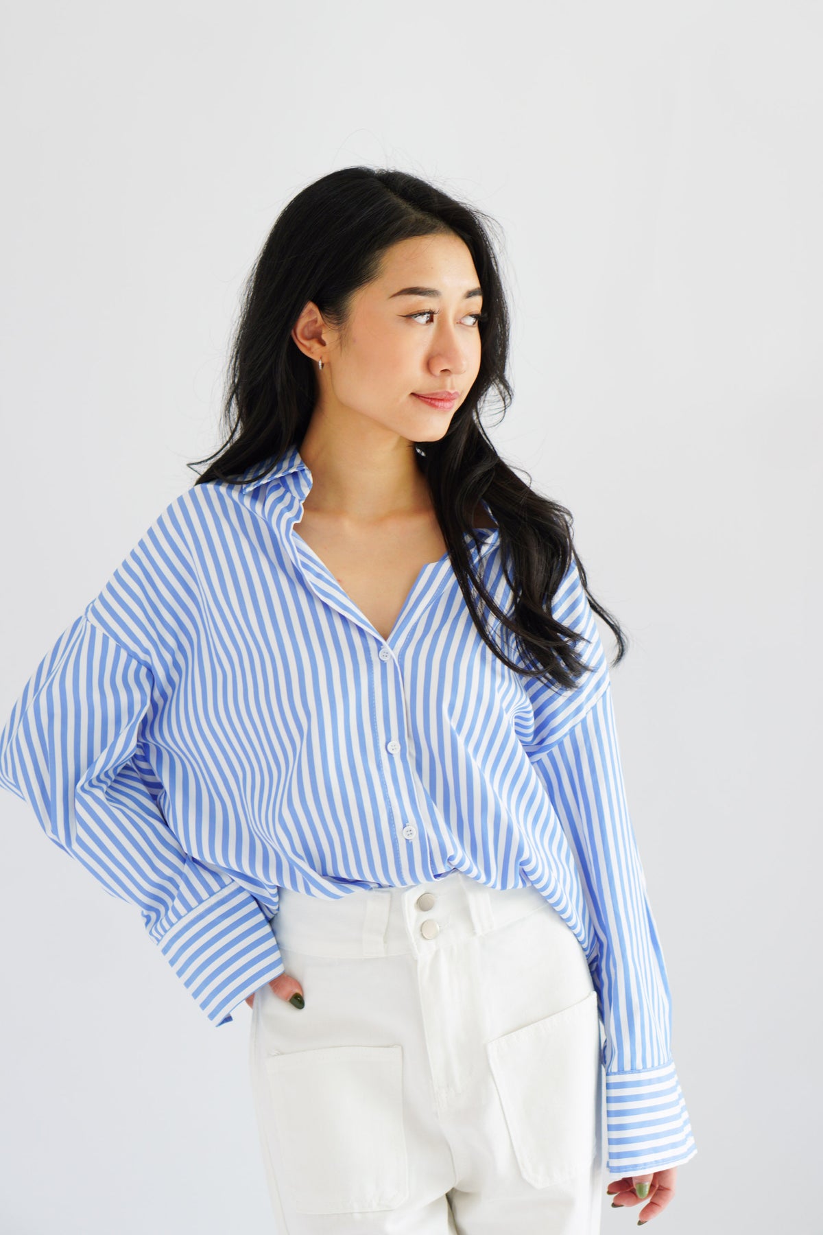 Fred Stripes Button Down Long Sleeve Top in Blue