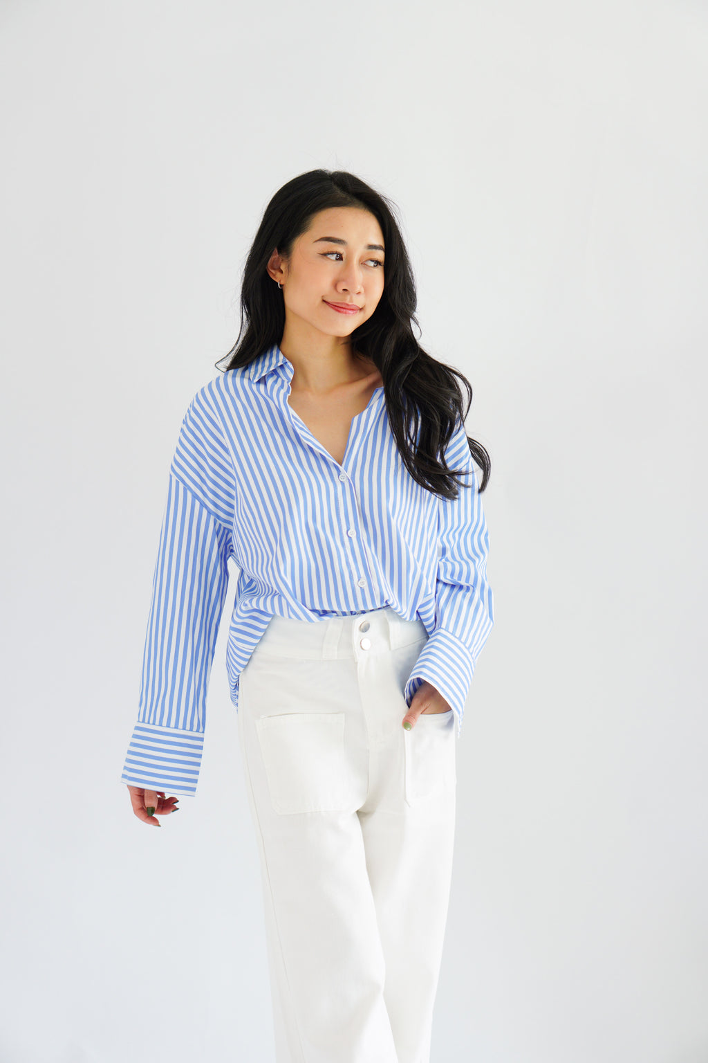 Fred Stripes Button Down Long Sleeve Top in Blue