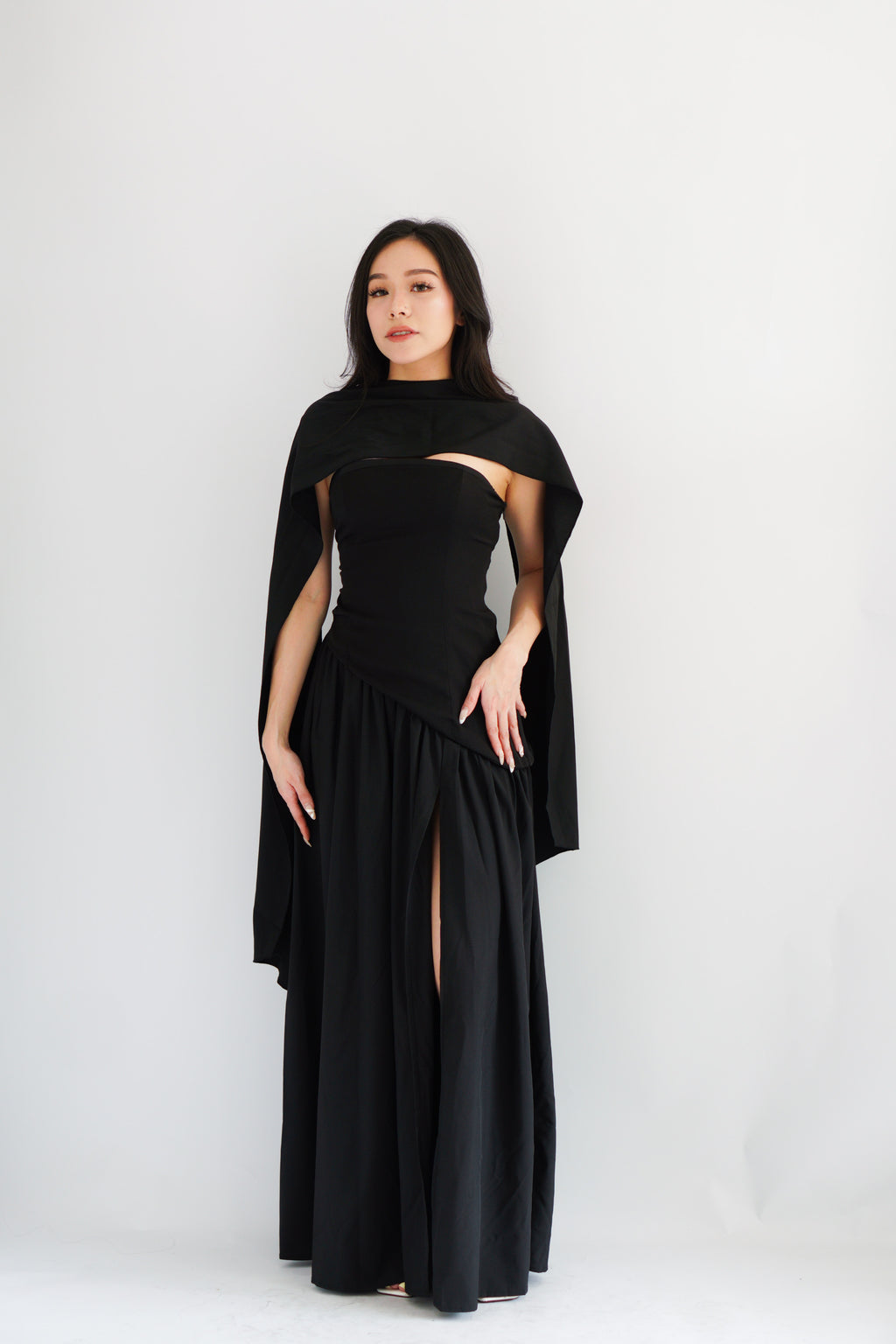 Dephora Tube Maxi Asymmetrical Dress with Sash in Black