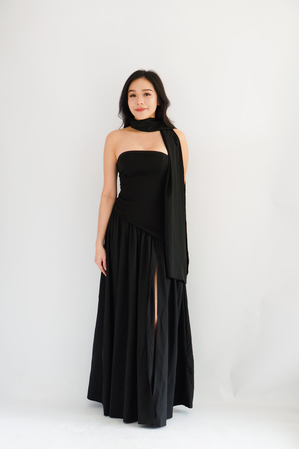 Dephora Tube Maxi Asymmetrical Dress with Sash in Black