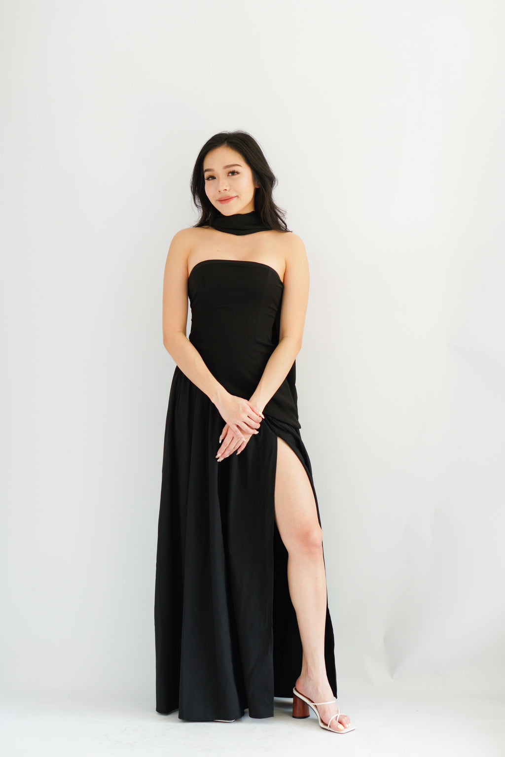 Dephora Tube Maxi Asymmetrical Dress with Sash in Black