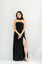 Dephora Tube Maxi Asymmetrical Dress with Sash in Black