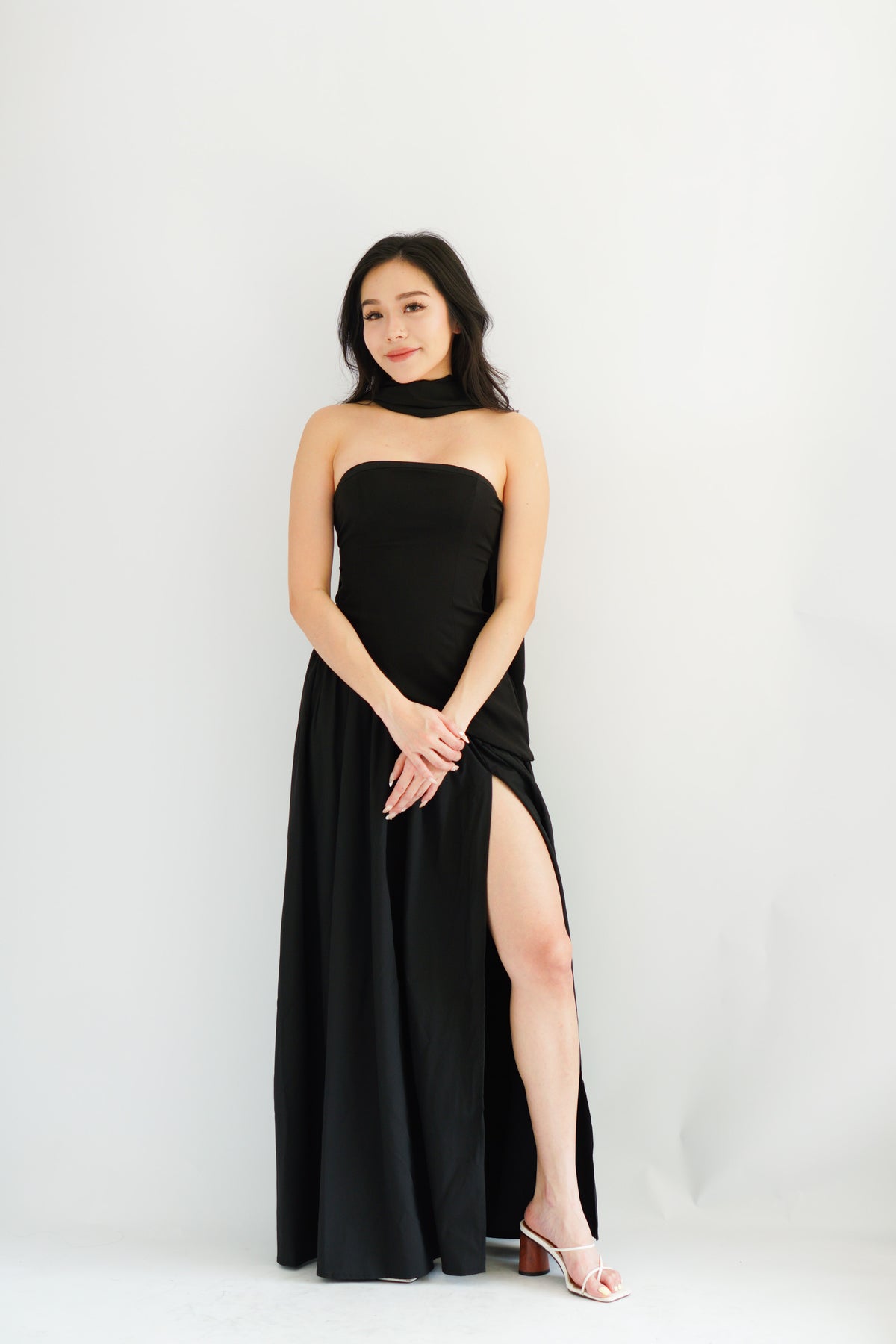 Dephora Tube Maxi Asymmetrical Dress with Sash in Black