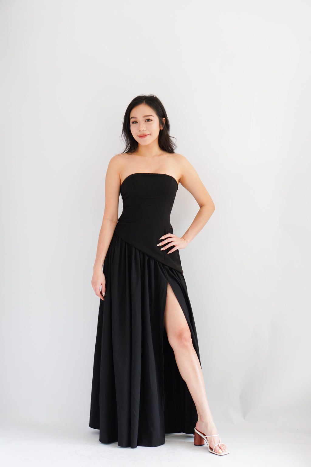 Dephora Tube Maxi Asymmetrical Dress with Sash in Black
