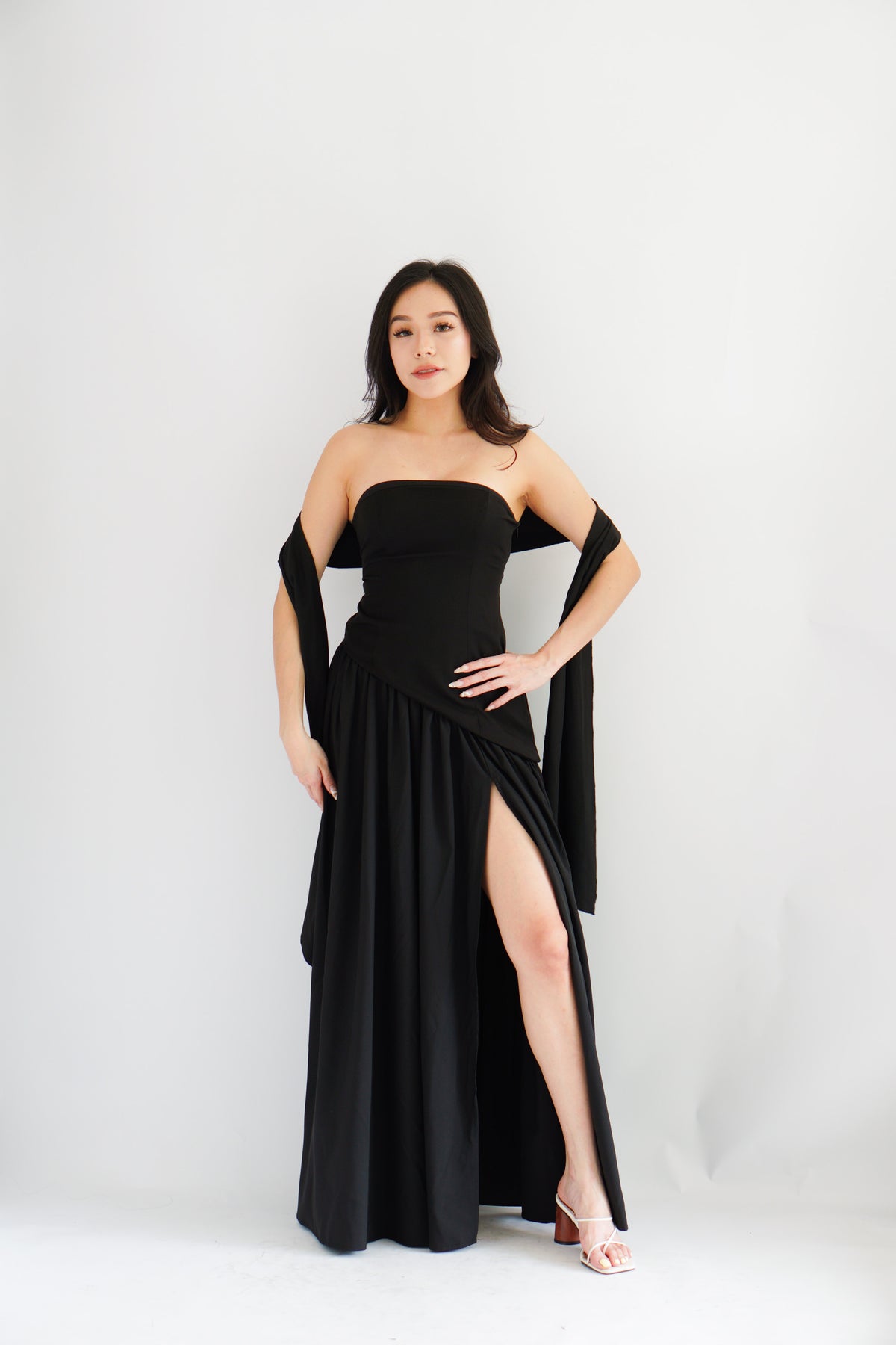 Dephora Tube Maxi Asymmetrical Dress with Sash in Black