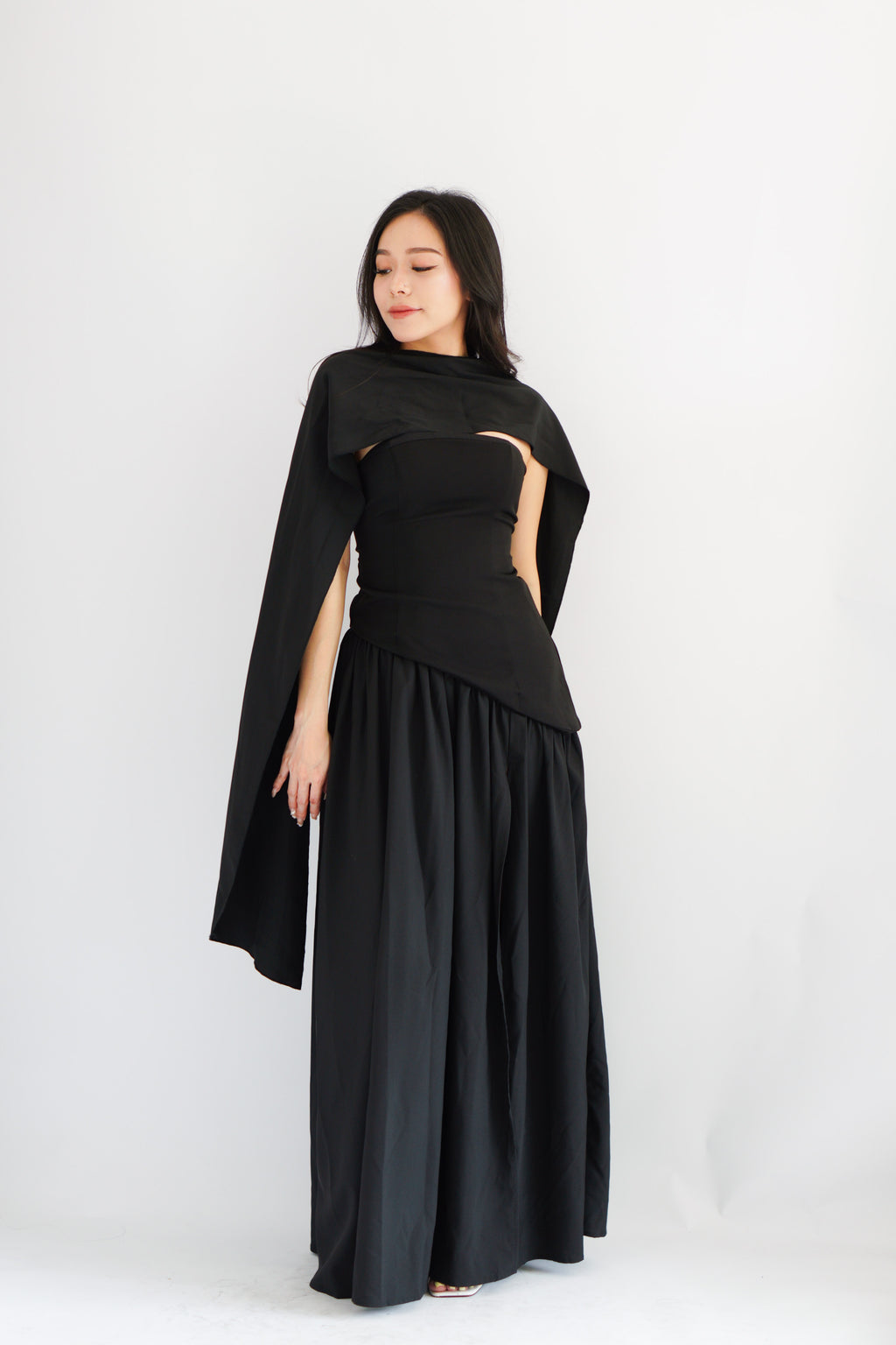 Dephora Tube Maxi Asymmetrical Dress with Sash in Black