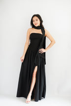 Dephora Tube Maxi Asymmetrical Dress with Sash in Black