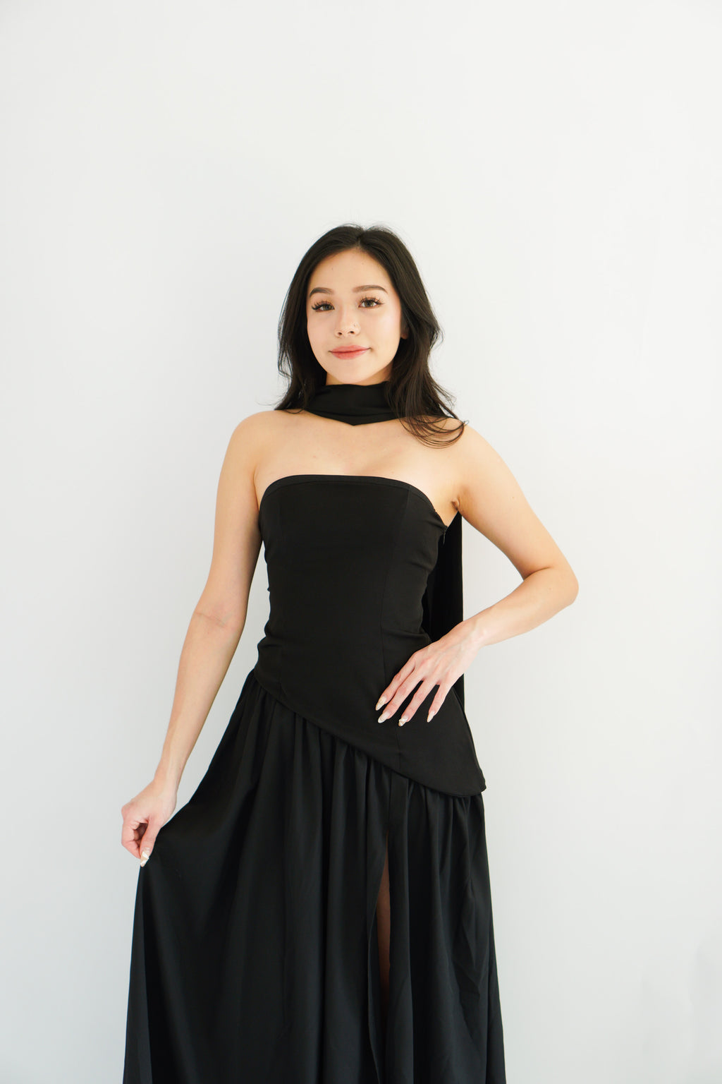 Dephora Tube Maxi Asymmetrical Dress with Sash in Black