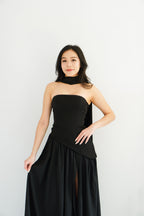Dephora Tube Maxi Asymmetrical Dress with Sash in Black