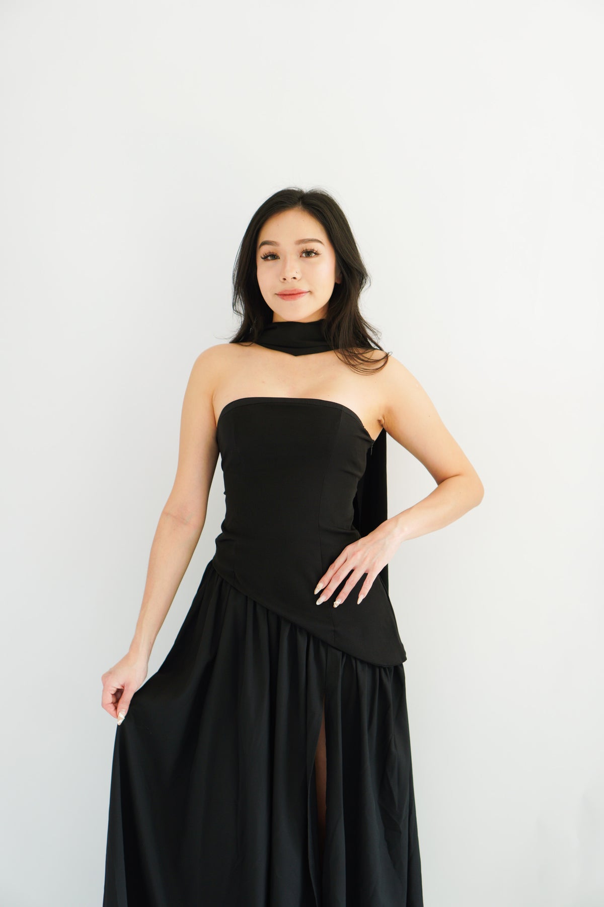 Dephora Tube Maxi Asymmetrical Dress with Sash in Black