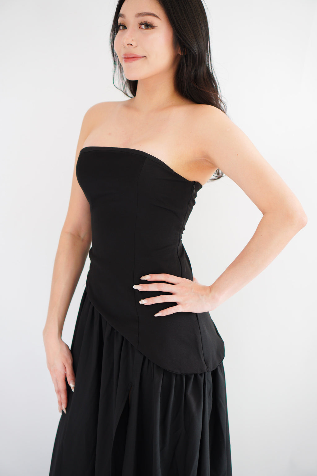 Dephora Tube Maxi Asymmetrical Dress with Sash in Black