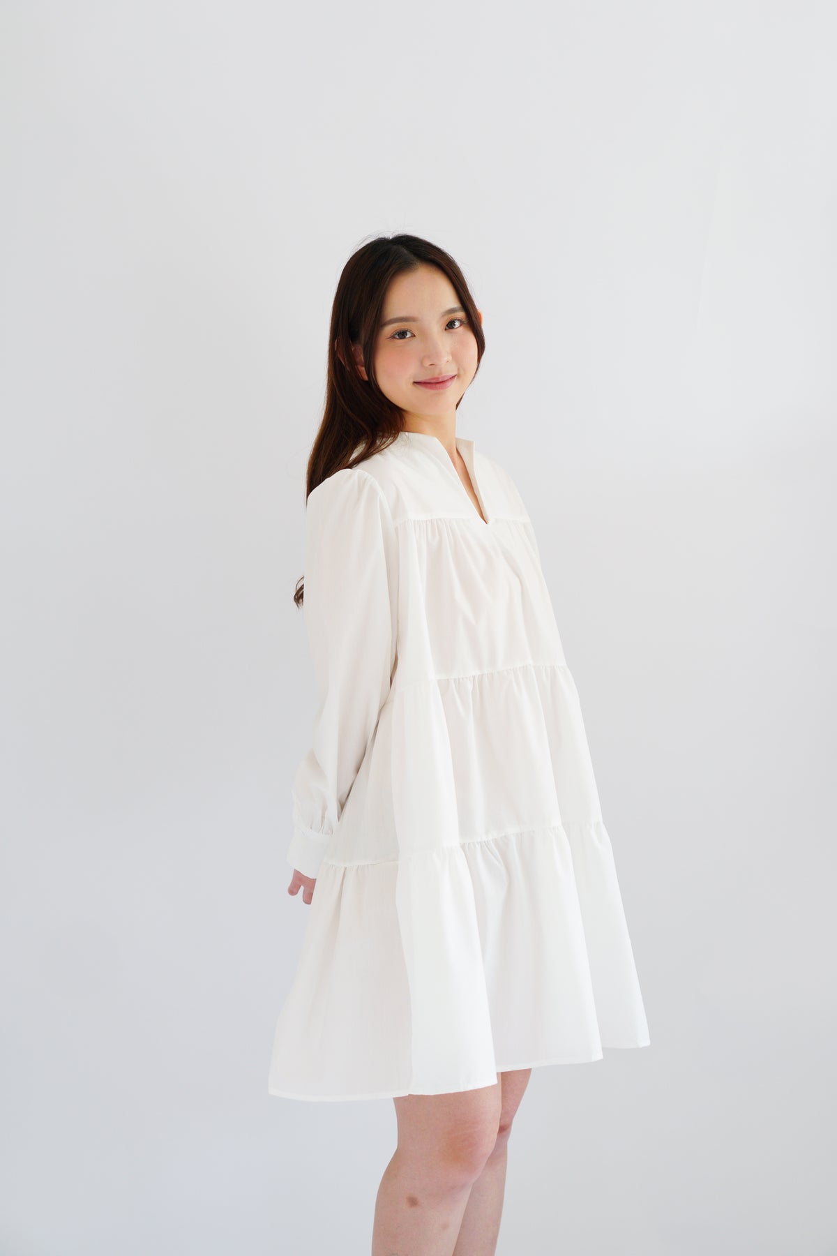 Love Dara Flowy Long Sleeve Dress in White