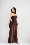 Yina Tube Asymmetrical Maxi Slit Dress with Sash in Brown