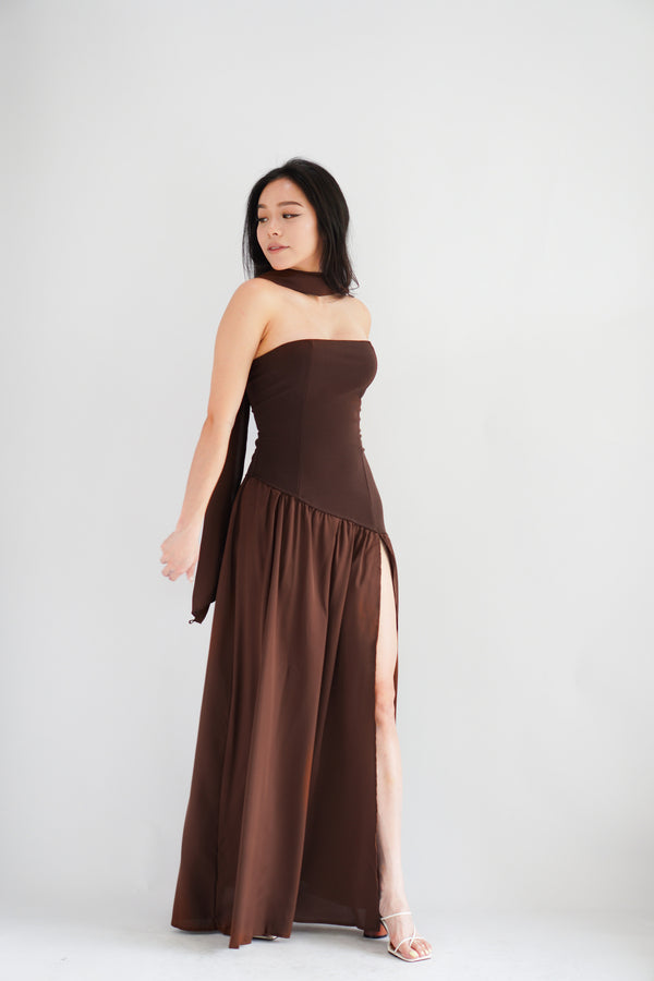 Yina Tube Asymmetrical Maxi Slit Dress with Sash in Brown