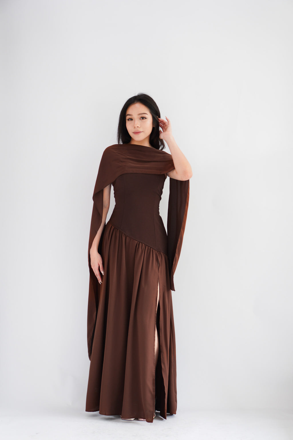 Yina Tube Asymmetrical Maxi Slit Dress with Sash in Brown