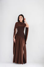 Yina Tube Asymmetrical Maxi Slit Dress with Sash in Brown